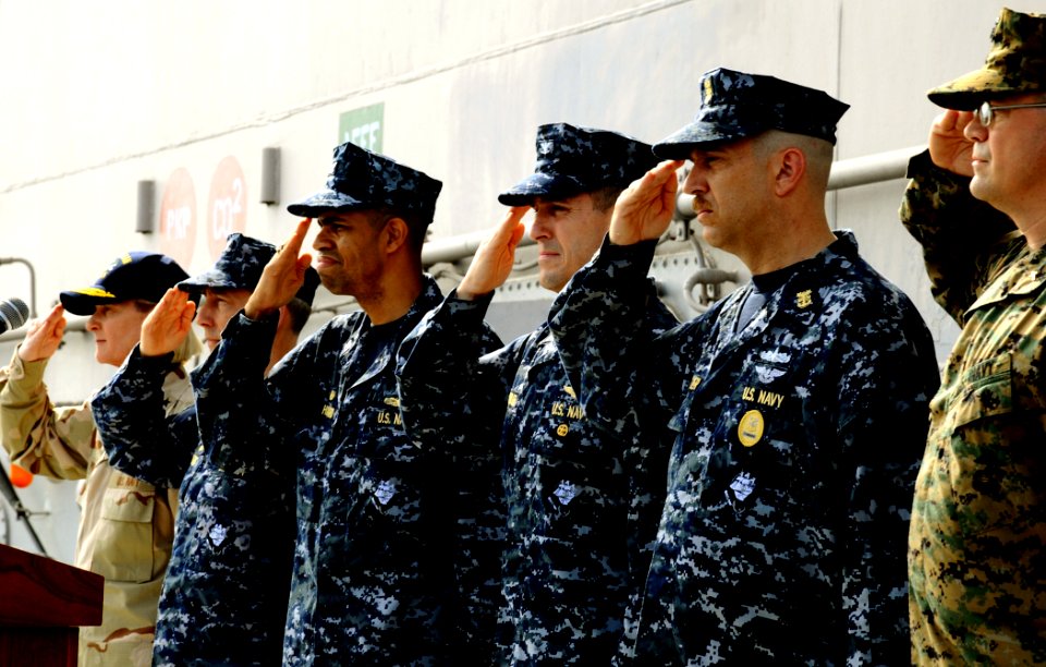 US Navy 100219-N-7508R-212 The official party salutes the colors during a change of command ceremony aboard USS Bataan (LHD 5)