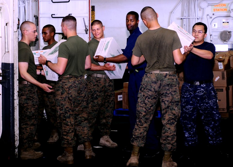 US Navy 100220-N-4649B-068 Sailors and Marines aboard the multipurpose amphibious assault ship USS Bataan (LHD 5) move more than 250 pallets of food and supplies
