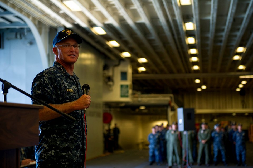 USS America all-hands call with Vice Adm. Thomas S. Rowden 141106-N-LD343-007