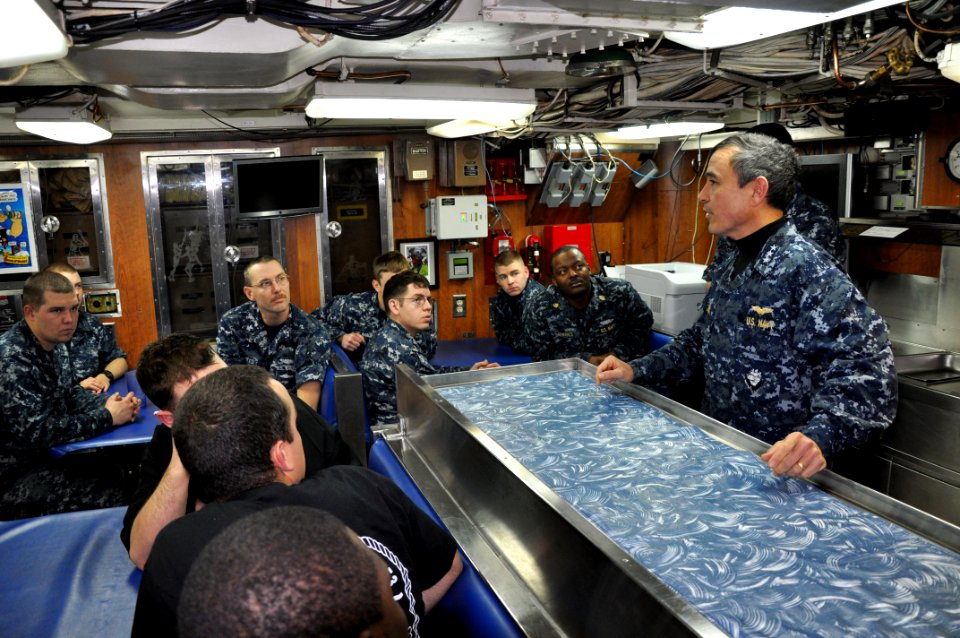 US Navy 100222-N-3289C-096 Vice Adm. Harry B. Harris Jr., commander of U.S. 6th Fleet, speaks with Sailors assigned to the Fast-attack submarine USS Albany (SSN -753)