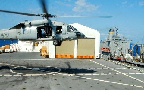 US Navy 100222-N-4047W-190 An MH-60S Sea Hawk helicopter assigned to Helicopter Sea Combat Squadron (HSC) 28 lands aboard the Military Sealift Command hospital ship USNS Comfort (T-AH 20)