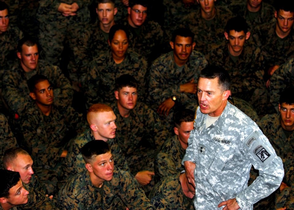 US Navy 100224-N-2000D-027 Maj. Gen. Daniel B. Allyn, deputy commander of Joint Task Force Haiti, talks to Marines from the 22nd Marine Expeditionary Unit (22nd MEU) aboard the amphibious dock landing ship USS Carter Hall (LSD