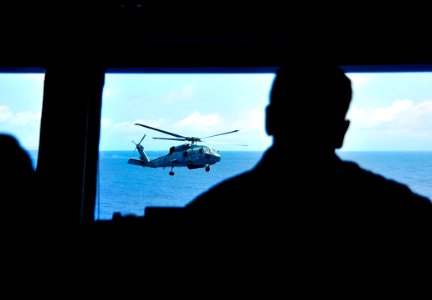 US Navy 100222-N-4774B-077 Capt. Bruce H. Lindsey, commanding officer of the aircraft carrier USS Carl Vinson (CVN 70), observes helicopter flight operations from the navigation bridge during a flight demonstration