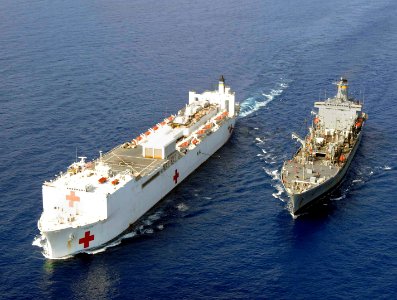 US Navy 100222-N-6410J-027 The Military Sealift Command hospital ship USNS Comfort (T-AH 20), left, and the Military Sealift Command fleet replenishment oiler USNS Leroy Grumman (T-AO 195) conduct an underway replenishment