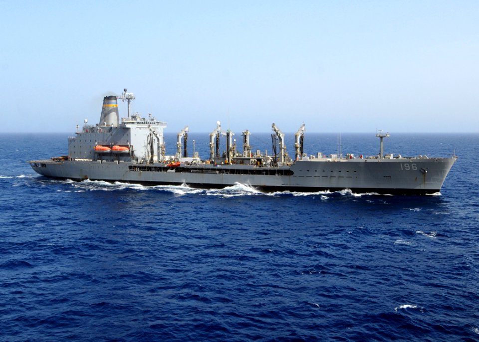 US Navy 100223-N-1082Z-102 USNS Kanawha (T-AO 196) pulls away after conducting a replenishment at sea with USS Ashland (LSD 48)