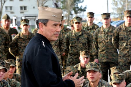 US Navy 100223-N-3289C-017 Vice Adm. Harry B. Harris Jr., commander of U.S. 6th Fleet, talks with Marines assigned to Fleet Anti-Terrorism Security Team (FAST), Company Europe, at Naval Station Rota