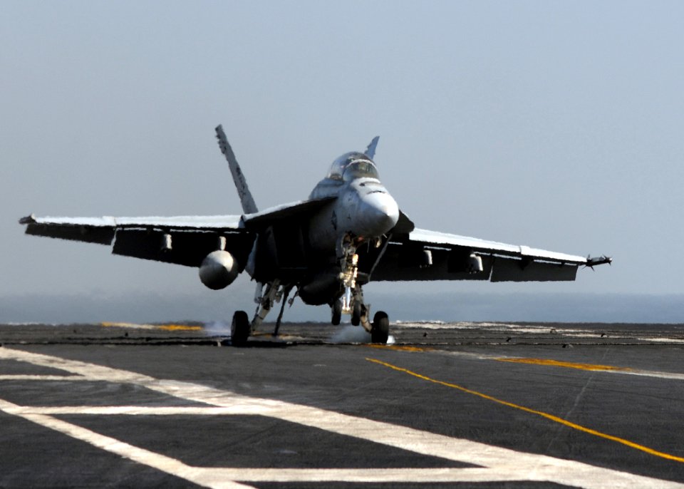 US Navy 100223-N-4236E-218 An F-A-18F Super Hornet assigned to the Jolly Rogers of Strike Fighter Squadron (VFA) 103 lands aboard the flight deck of the Nimitz-class aircraft carrier USS Dwight D. Eisenhower (CVN 69)