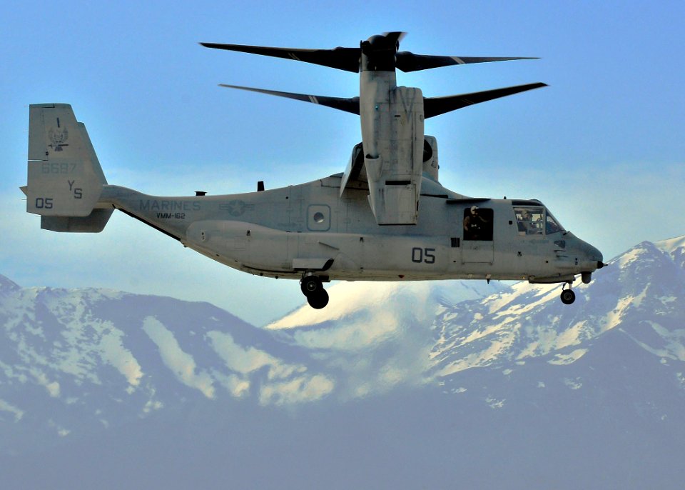 US Navy 100224-N-0780F-002 A V-22 Osprey, assigned to Marine Medium Tiltrotor Squadron (VMM) 162, 24th Marine Expeditionary Unit (24th MEU) makes its final approach for landing