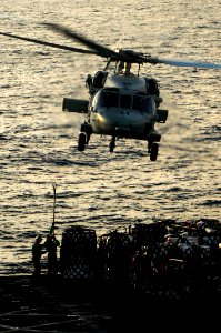 US Navy 100225-N-3038W-269 An MH-60S Sea Hawk helicopter assigned to the Wild Cards of Helicopter Sea Combat Squadron (HSC) 23 prepares to lift cargo