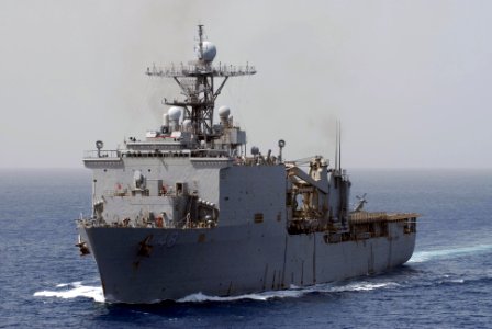 US Navy 100228-N-3358S-054 The amphibious dock landing ship USS Ashland (LSD 48) prepares for an underway replenishment with the Military Sealift Command dry cargo and ammunition ship USNS Robert E. Peary (T-AKE 5)