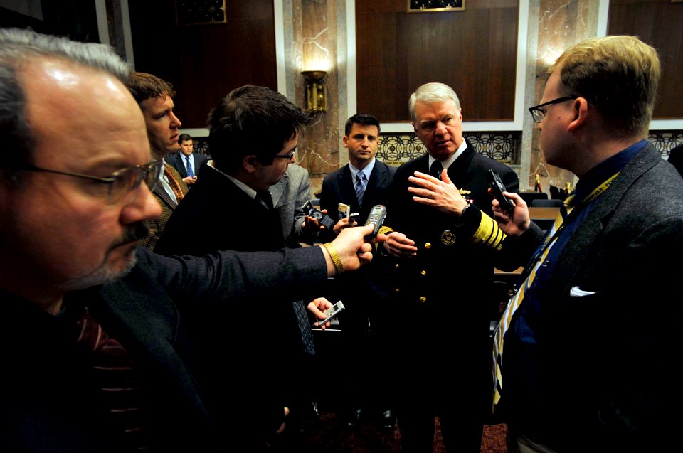 US Navy 100225-N-8273J-062 Chief of Naval Operations (CNO) Adm. Gary Roughead speaks with media after meeting with members of the Senate Armed Services Committee during the Defense Authorization Request for Fiscal Year 2011