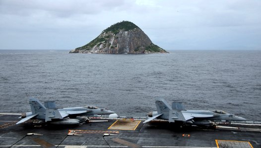 US Navy 100226-N-4774B-028 F-A-18 Super Hornets assigned to the Sunliners of Strike Fighter Squadron (VFA) 81 are secured aboard the aircraft carrier USS Carl Vinson (CVN 70) as the ship nears Brazil