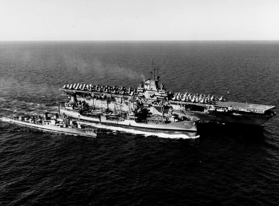 USS Allagash (AO-97) refueling USS Oriskany (CVA-34) and USS Compton (DD-705) 1951