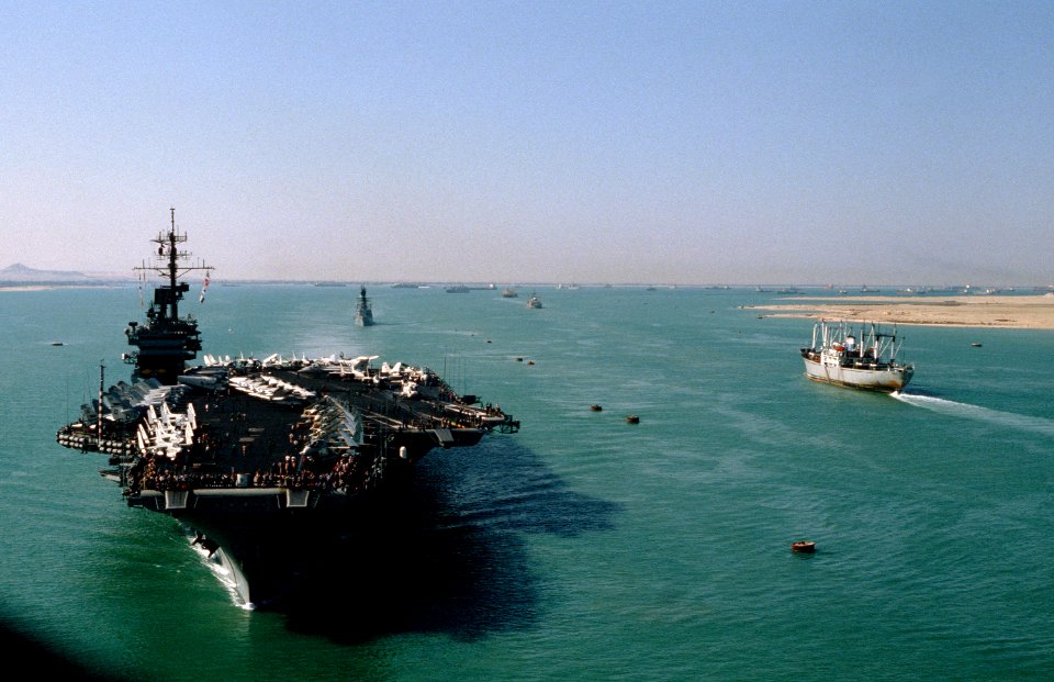 USS America (CV-66) in the Suez Canal aerial bow view US Navy 330-CFD-DN-ST-84-05058