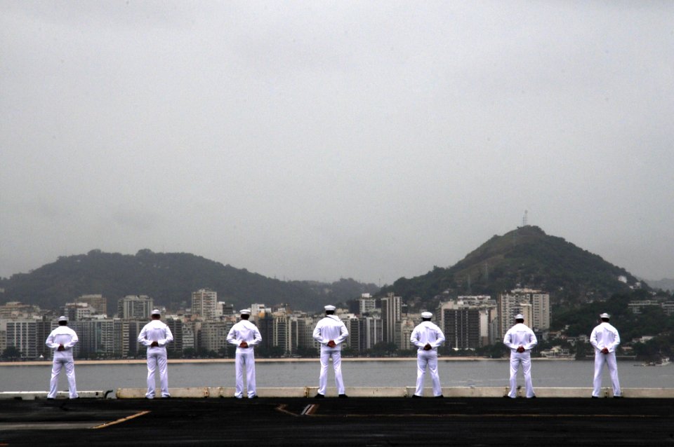 US Navy 100226-N-6006S-153 Sailors aboard the aircraft carrier USS Carl Vinson (CVN 70) man the rails before the ship anchors off the coast of Rio de Janeiro