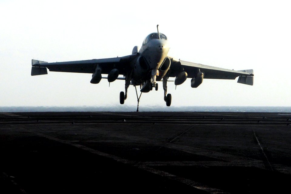 US Navy 100228-N-3038W-108 An EA-6B Prowler assigned to the Black Ravens of Tactical Electronic Attack Squadron (VAQ) 135 lands aboard the aircraft carrier USS Nimitz (CVN 68)