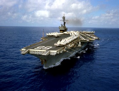 USS America (CV-66) aerial port view 1983