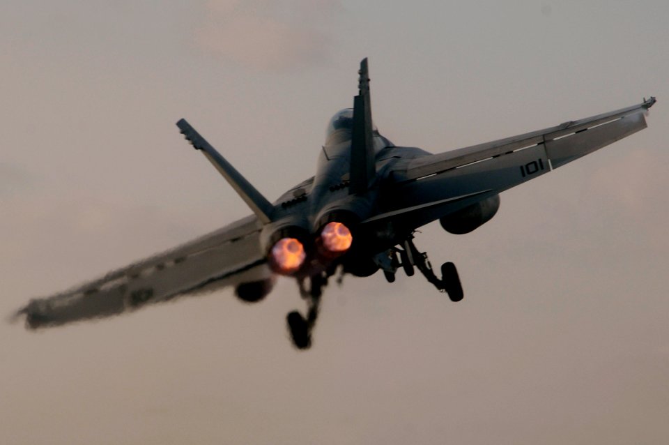 US Navy 100228-N-3038W-064 An F-A-18F Super Hornet assigned to the Black Aces of Strike Fighter Squadron (VFA) 41 launches from the aircraft carrier USS Nimitz (CVN 68)