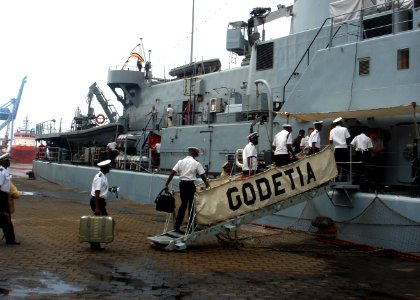 US Navy 100301-N-6138K-249 Congolese navy students embark the Belgian navy command and logistical support ship BNS Godetia (A 960)