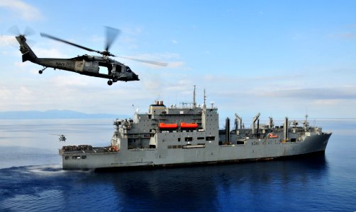 US Navy 100228-N-9740S-064 An MH-60S Sea Hawk helicopter from Helicopter Sea Combat Squadron (HSC) 22 returns to the Military Sealift Command dry cargo and ammunition ship USNS Sacagawea (T-AKE 2) after delivering pallets photo