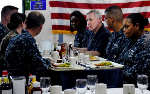 US Navy 100301-N-4995K-029 Secretary of the Navy (SECNAV) the Honorable Ray Mabus talks with Sailors about their experiences supporting Operation Unified Response aboard the Military Sealift Command hospital ship USNS Comfort (
