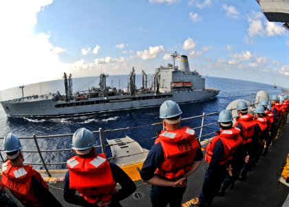 US Navy 100302-N-9950J-099 Sailors assigned to the forward-deployed amphibious assault ship USS Essex (LHD 2) wait at a refueling station before an underway replenishment