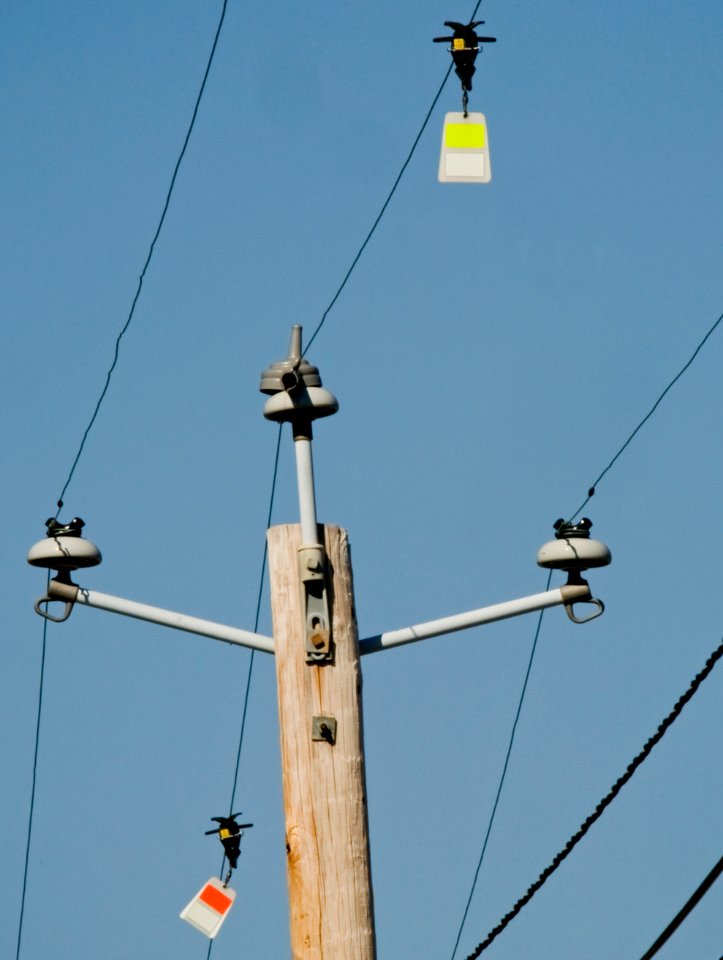 US Navy 100304-N-6932B-091 The electrical distribution system at Naval Support Facility Indian Head, Md., is retrofitted with flight diverters on utility lines, plastic phase covers and fiberglass cross arms to prevent mortalit