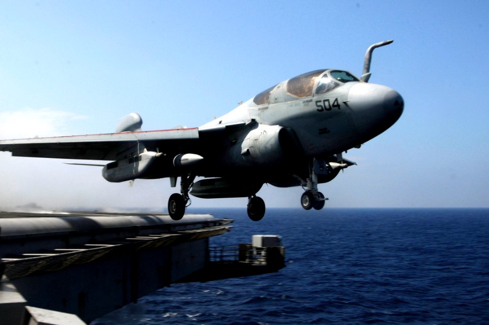 US Navy 100303-N-3038W-059 An EA-6B Prowler assigned to the Black Ravens of Tactical Electronic Attack Squadron (VAQ) 135 launches from the aircraft carrier USS Nimitz (CVN 68)