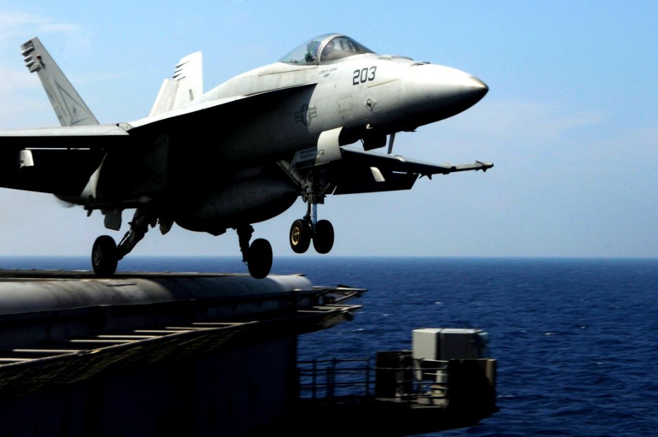 US Navy 100303-N-3038W-038 An F-A-18E Super Hornet assigned to the Tophatters of Strike Fighter Squadron (VFA) 14 launches from the aircraft carrier USS Nimitz (CVN 68)