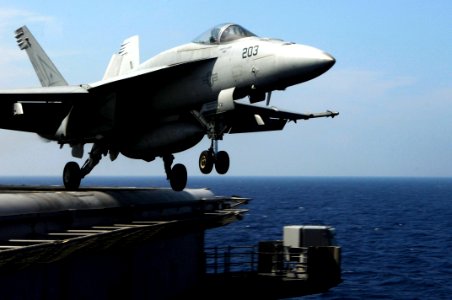 US Navy 100303-N-3038W-038 An F-A-18E Super Hornet assigned to the Tophatters of Strike Fighter Squadron (VFA) 14 launches from the aircraft carrier USS Nimitz (CVN 68)