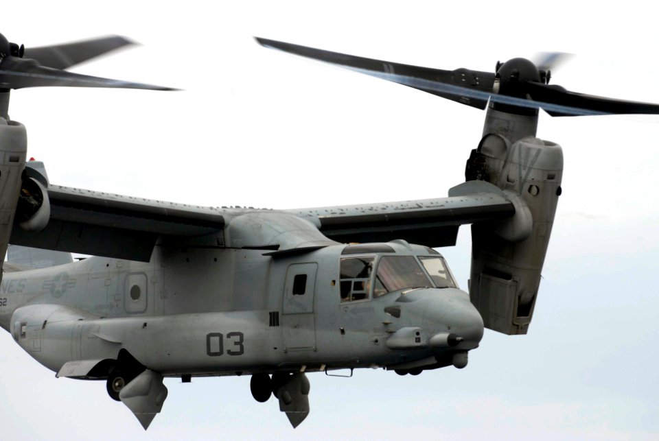 US Navy 100305-N-3358S-432 An MV-22B Osprey assigned to the Golden Eagles of Marine Medium Tiltrotor Squadron (VMM) 162 takes off from the amphibious transport dock ship USS Mesa Verde (LPD 19)
