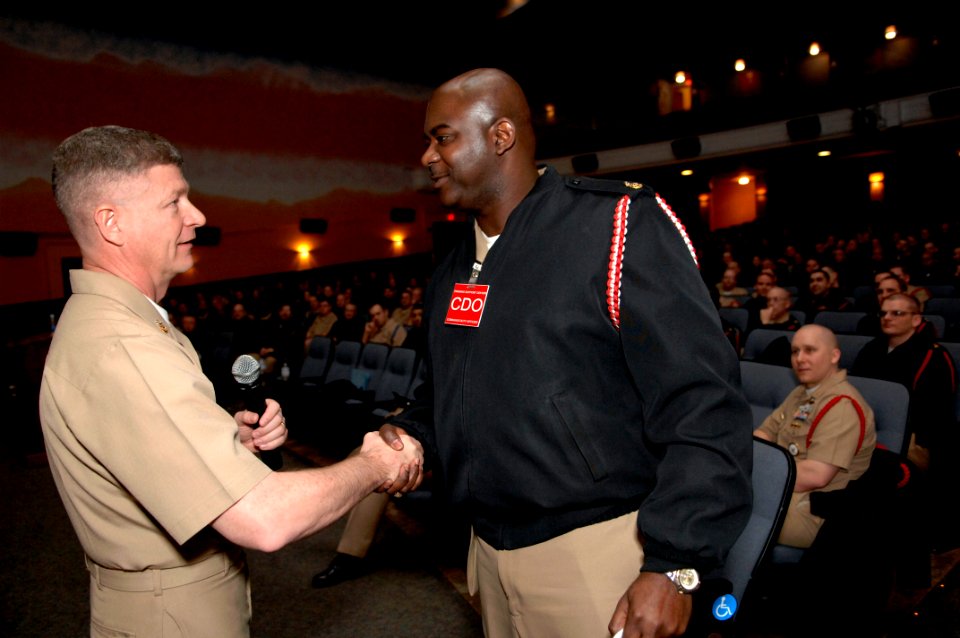 US Navy 100302-N-9818V-132 Master Chief Petty Officer of the Navy (MCPON) Rick West holds a chief petty officers call at Ross Theater during his visit to Naval Station Great Lakes