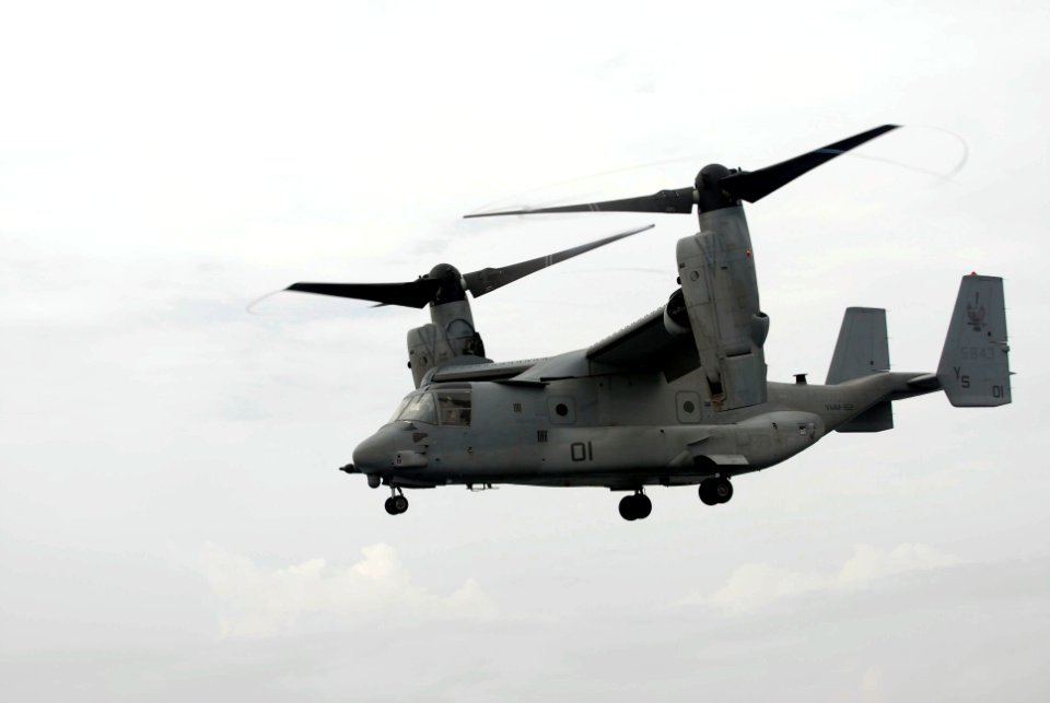 US Navy 100305-N-3358S-412 An MV-22B Osprey assigned to the Golden Eagles of Marine Medium Tiltrotor Squadron (VMM) 162 takes off from the amphibious transport dock ship USS Mesa Verde (LPD 19)