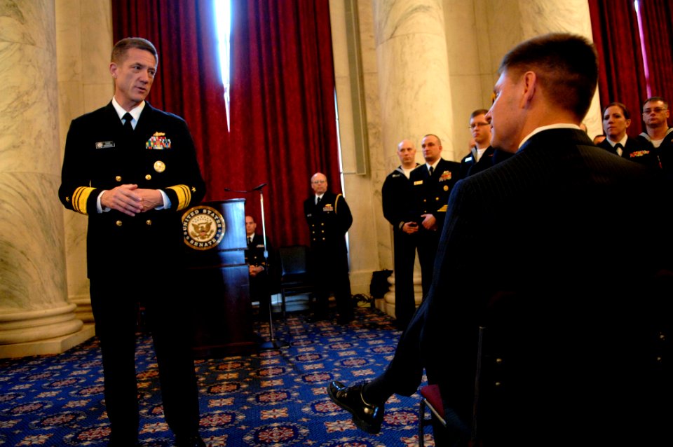 US Navy 100305-N-9818V-139 Vice Adm. Dirk Debbink, Chief of Navy Reserve, talks to Sailors and guests during the 95th Navy Reserve Anniversary and Reenlistment ceremony
