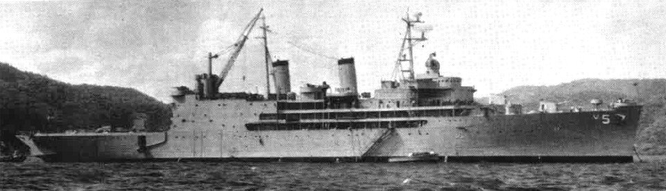 USS Albemarle (AV-5) at anchor in 1958