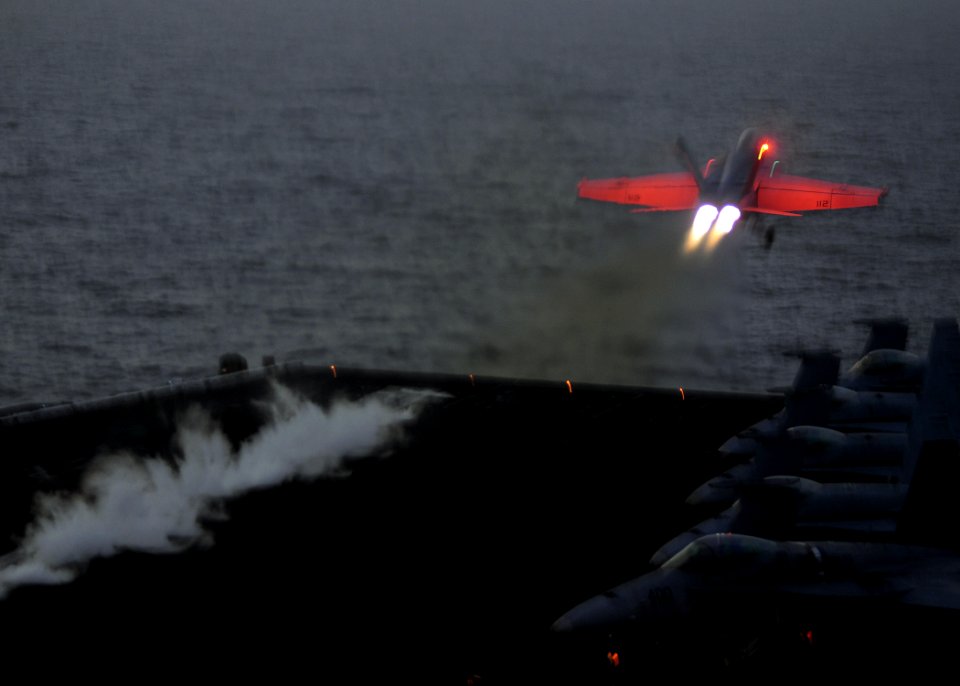 US Navy 100306-N-4236E-433 An F-A-18E Super Hornet assigned to the Pukin Dogs of Strike Fighter Squadron (VFA) 143 catapults from the flight deck of the Nimitz-class aircraft carrier USS Dwight D. Eisenhower (CVN 69)