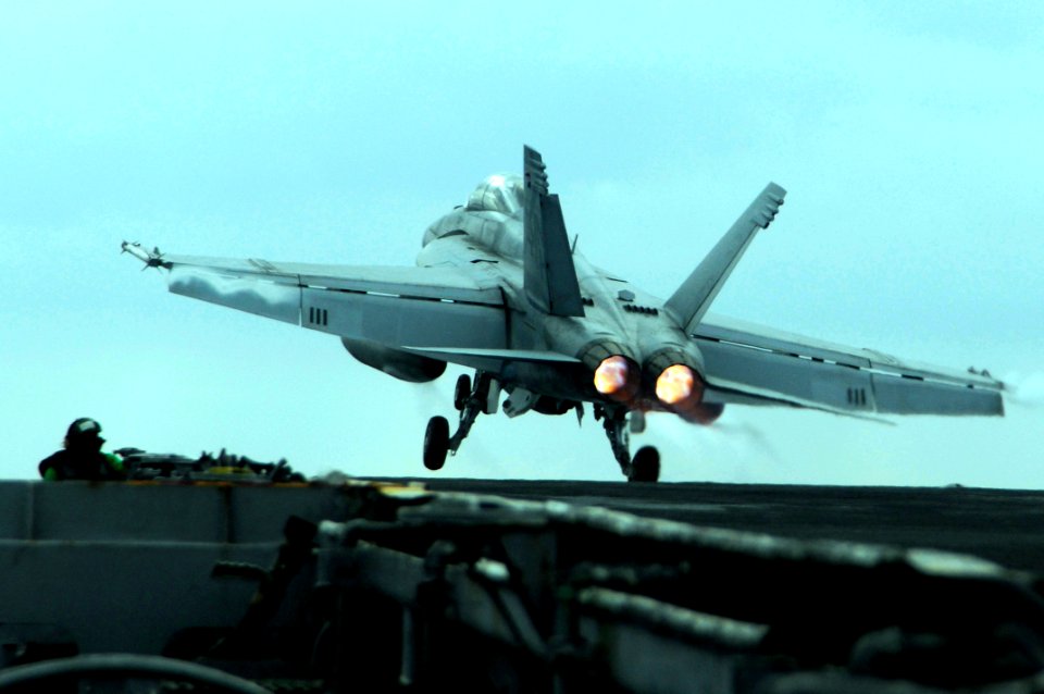 US Navy 100304-N-3038W-174 n F-A-18F Super Hornet assigned to the Black Aces of Strike Fighter Squadron (VFA) 41 launches from the aircraft carrier USS Nimitz (CVN 68)