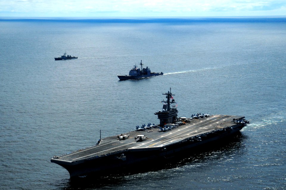 US Navy 100307-N-0808V-387 The aircraft carrier USS Carl Vinson (CVN 70) performs tactical maneuvering exercises with the guided-missile cruiser USS Bunker Hill (CG 52) and the Uruguayan navy frigate Uruguay (ROU 1) during Sout