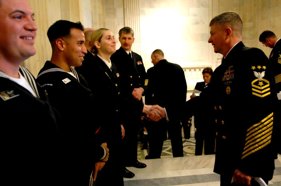 US Navy 100305-N-9818V-013 Master Chief Petty Officer of the Navy (MCPON) Rick West meets with Sailors before the 95th Navy Reserve Anniversary and Reenlistment ceremony