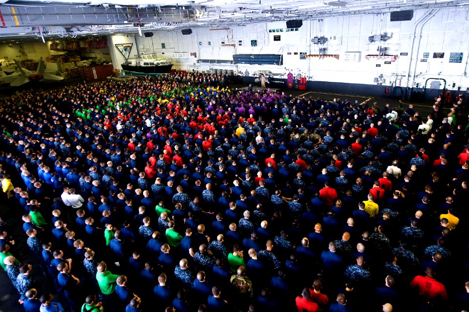 US Navy 100305-N-2953W-047 Sailors gather in ranks aboard the aircraft carrier USS Carl Vinson (CVN 70) during a captain's call from Capt. Bruce H. Lindsey, commanding officer of Carl Vinson