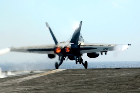 US Navy 100306-N-3038W-111 An F-A-18F Super Hornet assigned to the Black Aces of Strike Fighter Squadron (VFA) 41 launches from the aircraft carrier USS Nimitz (CVN 68)