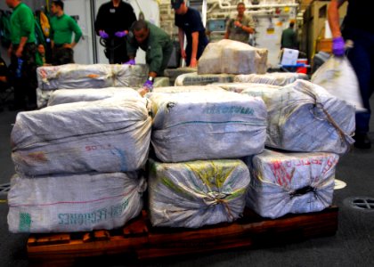 US Navy 100304-N-7058E-086 Bales of cocaine are stacked in the airborne mission zone aboard USS Freedom (LCS 1) after they were seized from a go-fast small boat
