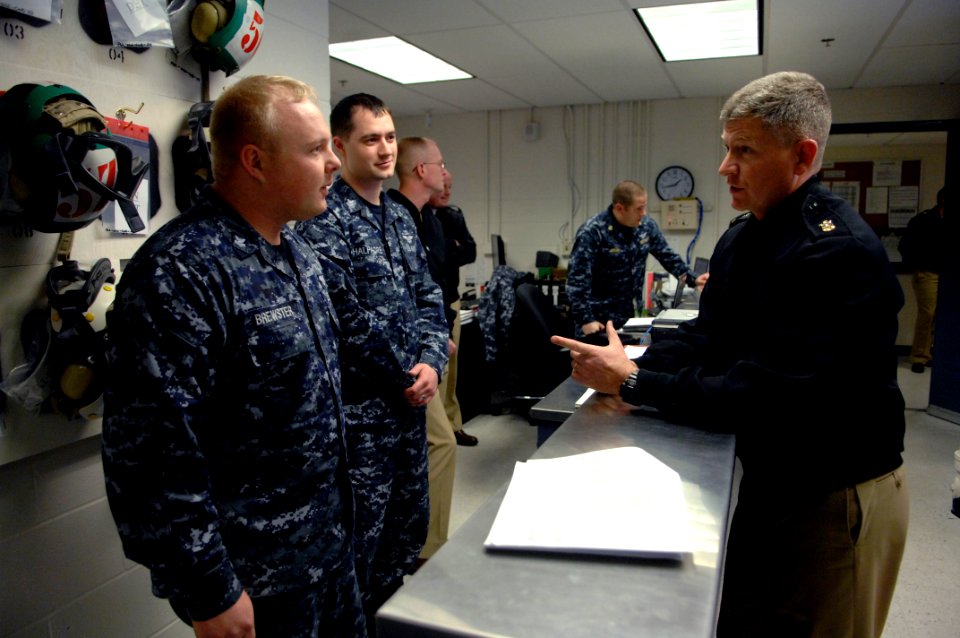 US Navy 100308-N-9818V-207 Master Chief Petty Officer of the Navy (MCPON) Rick West talks with Sailors at Tactical Electronic Warfare Squadron (VAQ) 132