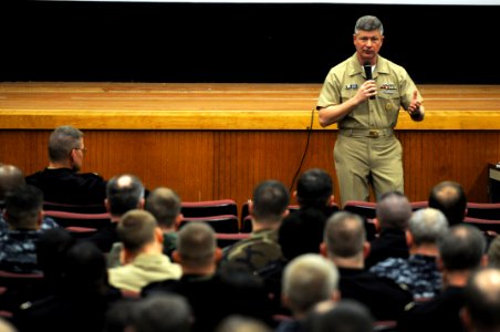 US Navy 100308-N-9818V-093 Master Chief Petty Officer of the Navy (MCPON) Rick West takes questions from Sailors during an all-chief petty officers call photo