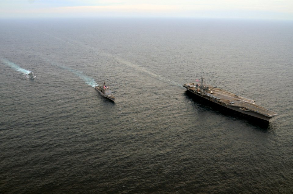 US Navy 100308-N-0808V-492 USS Carl Vinson (CVN 70) performs tactical maneuvering exercises with USS Bunker Hill (CG 52) and Argentina navy frigate ARA Gomez Roca (P 46)