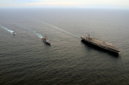 US Navy 100308-N-0808V-492 USS Carl Vinson (CVN 70) performs tactical maneuvering exercises with USS Bunker Hill (CG 52) and Argentina navy frigate ARA Gomez Roca (P 46)