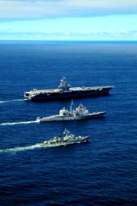 US Navy 100307-N-0808V-439 The aircraft carrier USS Carl Vinson (CVN 70) performs tactical maneuvering exercises with the guided-missile cruiser USS Bunker Hill (CG 52) and the Uruguayan navy frigate Uruguay (ROU 1)