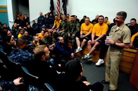 US Navy 100309-N-9818V-164 Master Chief Petty Officer of the Navy (MCPON) Rick West takes questions from Sailors during an all-hands call at Naval Station Everett photo