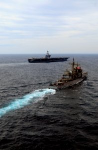 US Navy 100308-N-0808V-341 USS Bunker Hill (CG 52) pulls alongside while performing tactical maneuvering exercises with the Argentina navy frigate ARA Gomez Roca (P 46)