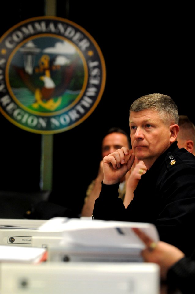 US Navy 100311-N-9818V-244 Master Chief Petty Officer of the Navy (MCPON) Rick West attends a command individual augmentee briefing during a tour of Naval Base Kitsap, Bangor